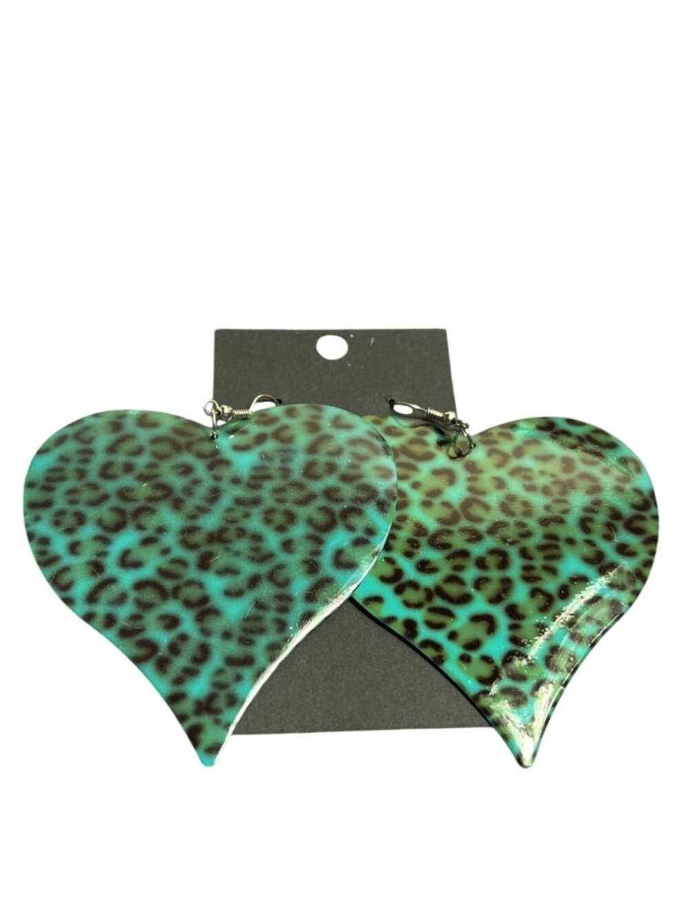 Vintage Metal Heart Statement Dangle Earrings Leopard Print Teal Green Black
